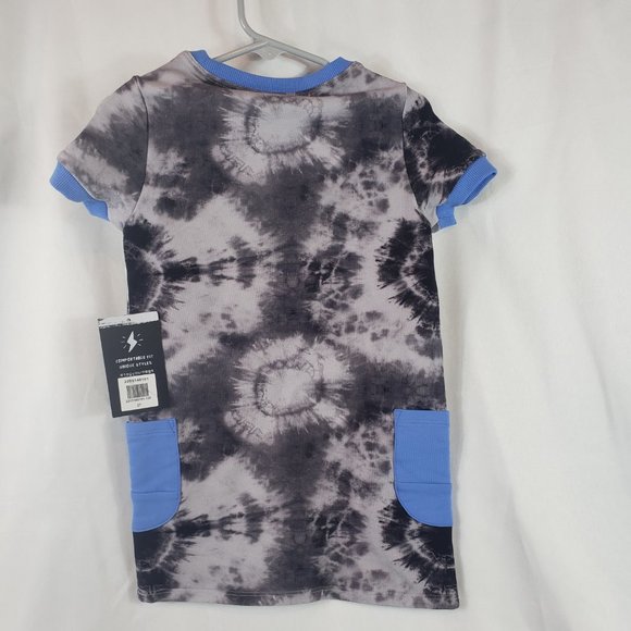 New, RAGS Black and Gray Short Sleeve Tie-Dyed Shift Dress with Blue Trim - Picture 3 of 8